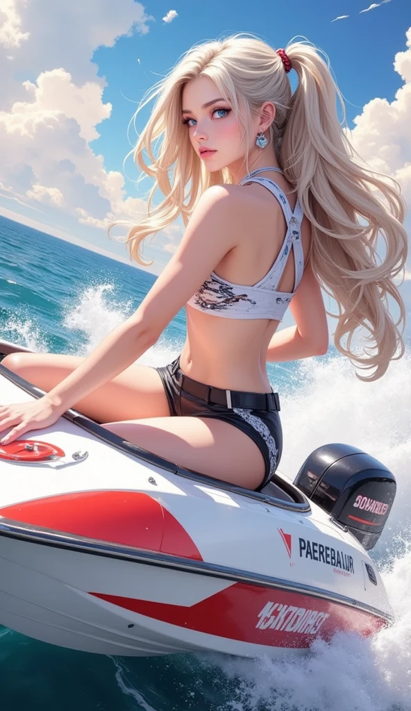blonde hair long ponytail, busty, cleavage, black detailed lace lingerie, (full body Esbian, backshots)、Seaside sandy beach、bow ribbon、Running on a watercraft、North Shore、Ass up、Jet Ski、Between the waves、High waves、Happy smile、Dynamism、Jet Skiのプロ、Professional riding