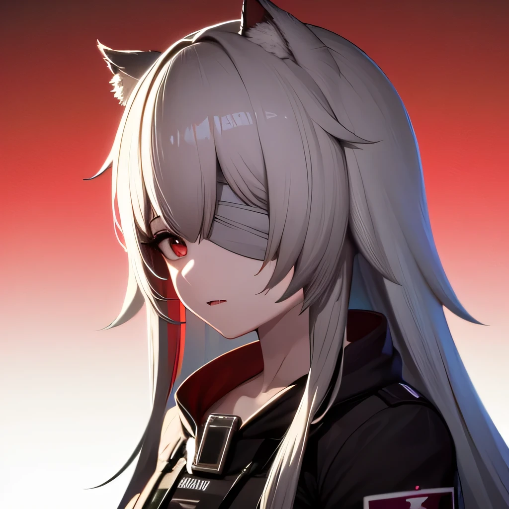 bandage over one eye, (ultra-detailed), (extremely best illustration), (hyper quality), gorgeous and rich graphics, (extremely beautiful and beautiful:1.21), (beautiful lighting), bright light, detailed composition, (whole body:1.3), ( Perfect Composition), Dark tones, (1girl), (Beautiful detailed eyes), (Clear red eyes:1.21), white hair, (gradient eyes), (streaked hair:1.3), gradient hair, red bangs, Trench coat, (Red shawl), from arknights, simple background, long hair, (bandage over on eye), bandage with blood, (red gradient background:1.5), solid background, open jaket, expressionless eyes, tsundere, yandere, fang out, unconscious, red armband, cat ears, close-up, first-person view, anime style, blurry, from side, (masterpiece:1.21), (best quality:1.331), 8k, masterpiece, best quality