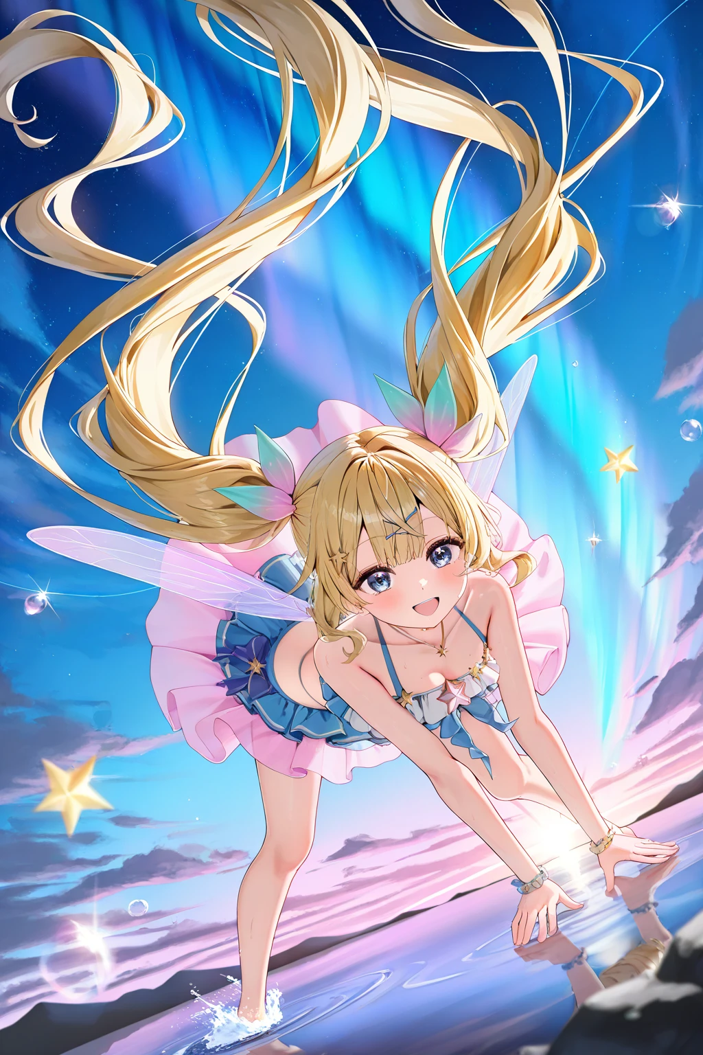 Girl lying on her back in missionary pose、Spread legs,Attractive appearance here,exposing inner thigh,Front view,Angle from between the legs,beautidful eyes,Glossy skin、Childlike appearance、frilly dress