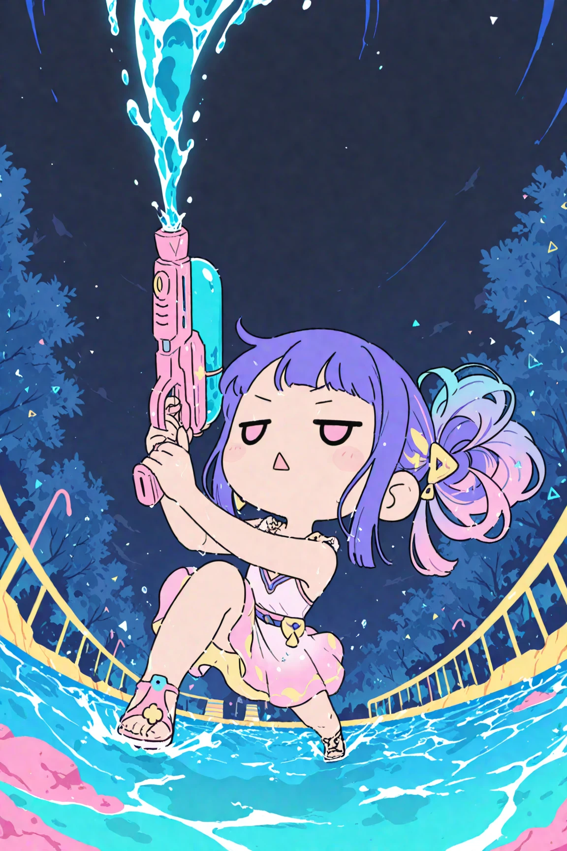 Ponytail girl in pink bikini swimsuit with glasses, grabbing breasts, looking up, squatting, black hair, looking at camera, swimming pool, pastel colors, 8k