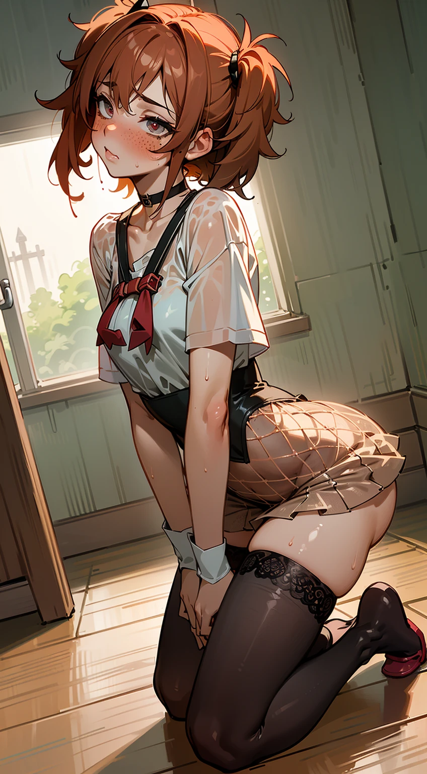 (masterpiece:1.2, highest quality, 8K, advanced details), (realistic, photorealistic:1.4), beautiful illustrations,
looking at the viewer, whole body, Front view:0.6,
1 female, 23 years old, Japanese, ((Brown-haired chignon:1.5, middle parted hair)), ((height: 169 cm, (medium breasts:1.3), Moderate abs, big ass))
beautiful hair, beautiful face, beautiful and detailed eyes, ((gray eyes:1.3, round big eyes:1.5)), beautiful clavicle, beautiful body, beautiful breasts, beautiful thighs, beautiful feet, beautiful fingers, perfect anatomy:1.3, perfect anatomy
(abandoned factory:1.6)
((Female Police Uniform:1.9, choker:1.6))
((chained to the wall:1.8, Corsets:1.3)), ((to bound, hands are tied above the head:1.9)), sit with legs spread apart, Hung, ((get wet:1.6)),
(frightened face:1.3)