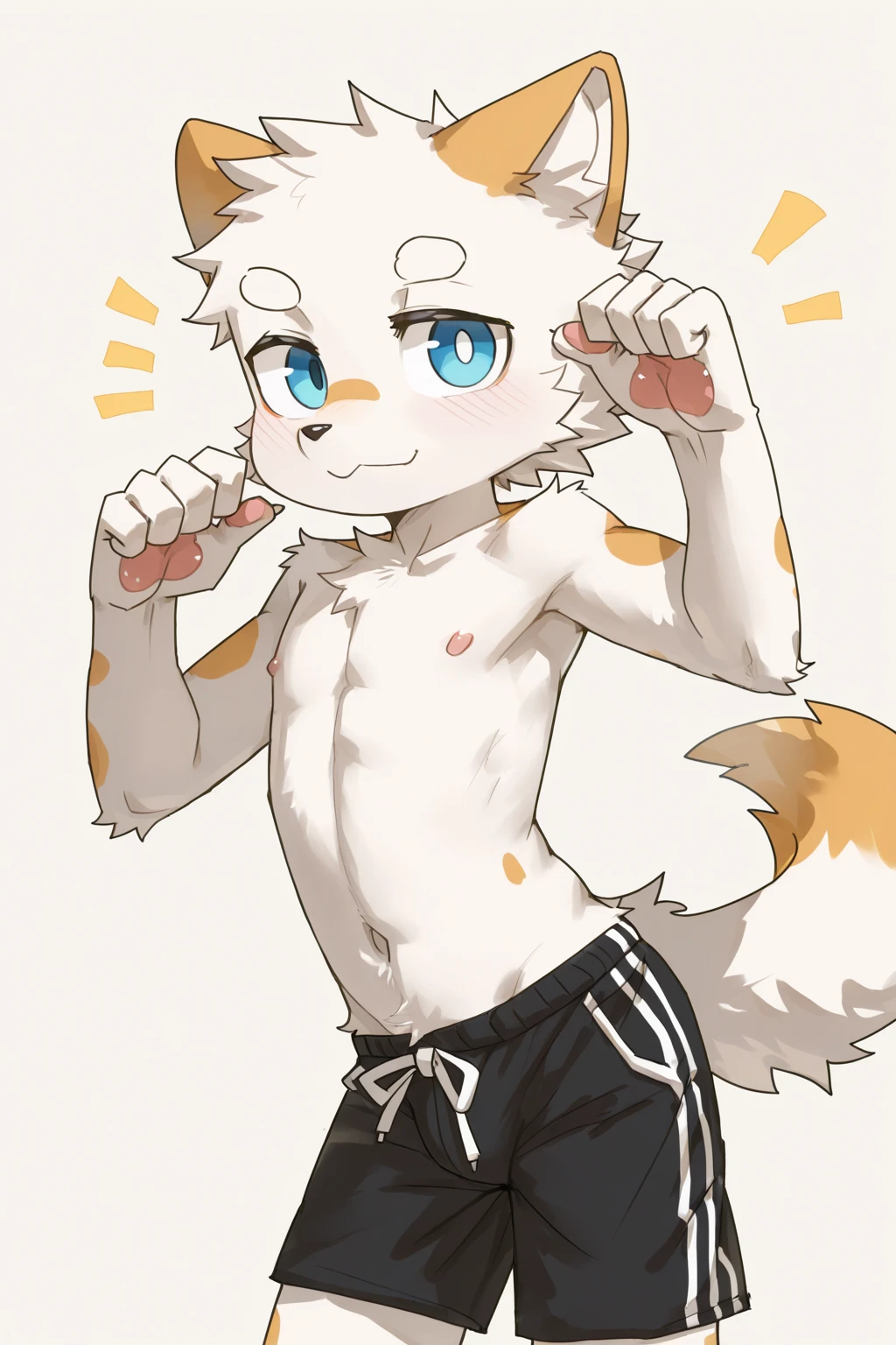 Kemoshota, kindergarten , mascot, sweat, sweat drops, tusk, tail, dynamic angle, topless, navel, nipples, mini sports shorts, spinning