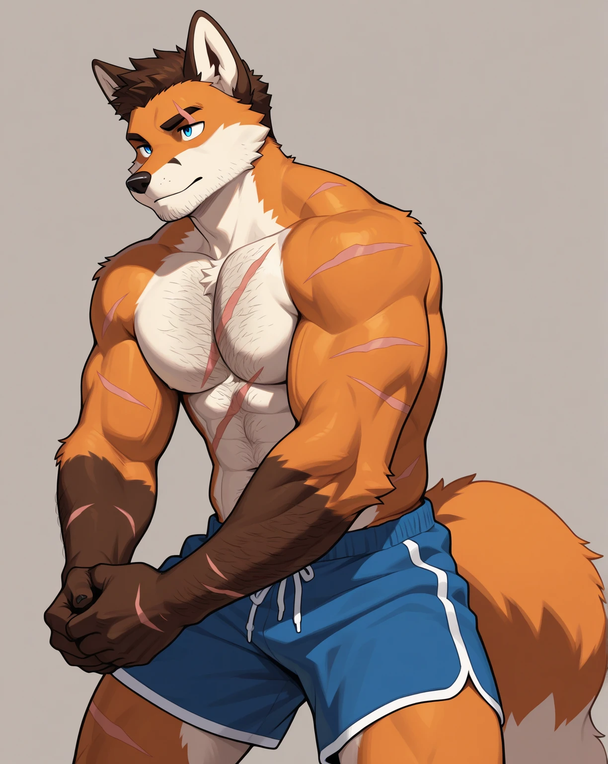 Solo, Male, (Muscular), shaman, (Male fox):1.3, Orange skin, White belly,Muscle texture,hairy skin,Lean, ssmile,Keep one's mouth shut,Detailed eyes, fox tails,Fox ears ,Handsome,Dumb cute,Pampering,Solo, Shoot from a retro perspective,down view,Head up,Full of love,Very tempting,Side to the lens,(greybackground:1.35), Evening environment:1.3,light yellow eyes,Eye repair,Clear eyes,Wear three-point shorts,realisticlying,realistic hand,8k hdr,(Dark tones,Wide dynamic range,hdr,low-light:1.2),(author:Chunie)