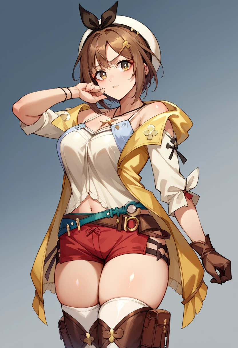 riser, 1 girl, alone, ((blush:1.2)), Shorts, gloves, Belt bag, have, Head Ribbon, jewelry, red shorts, Brown Hair, Thighs Thighs Thighs, short Shorts, Bridal Legwear, necklace, Brown eyes, One-handed gloves, hair ornaments, Valletta, star necklace, Closed-toe footwear, leather, star (symbol), White Hat, Brown gloves, Knee-high boots, short hair, Thighs Thighs Thighs, leather Belt, Tea belt, leather gloves, Jacket, Blue Belt, belly button, Thigh-high boots, Sleeveless Jacket, Thigh pouch, White thighs, clavicle, Jacket, Brown shoes, Cleavage, Huge breasts, Big Breasts, Outdoor, Visible even from the top of clothes, standing, (thin legs: 1.5), (small butt: 1.3), From below