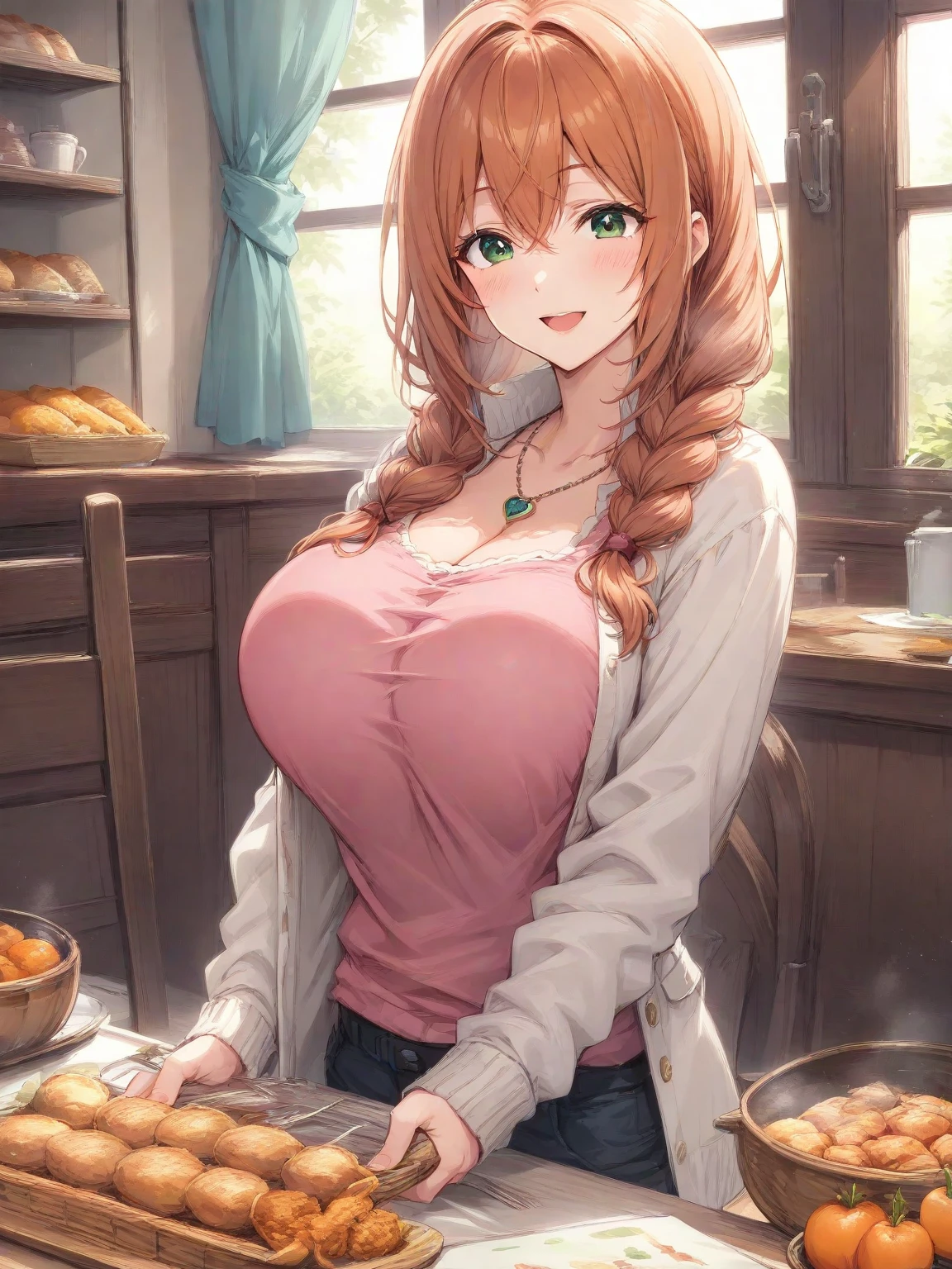 super high image, super detail, super high resolution, from above looking down, cute 16 year old girl, lying down, lying flat, bakery counter, spilled flour, skinny, miniature breasts, moist shiny lips, saliva, semen, orgasmic expression, amorous expression, seductive look, light-orange hair, messy wild short hair, green sparkling big eyes, glossy eyeshadow, shiny skin, white bandana, choker, apron, cameltoe, see-through