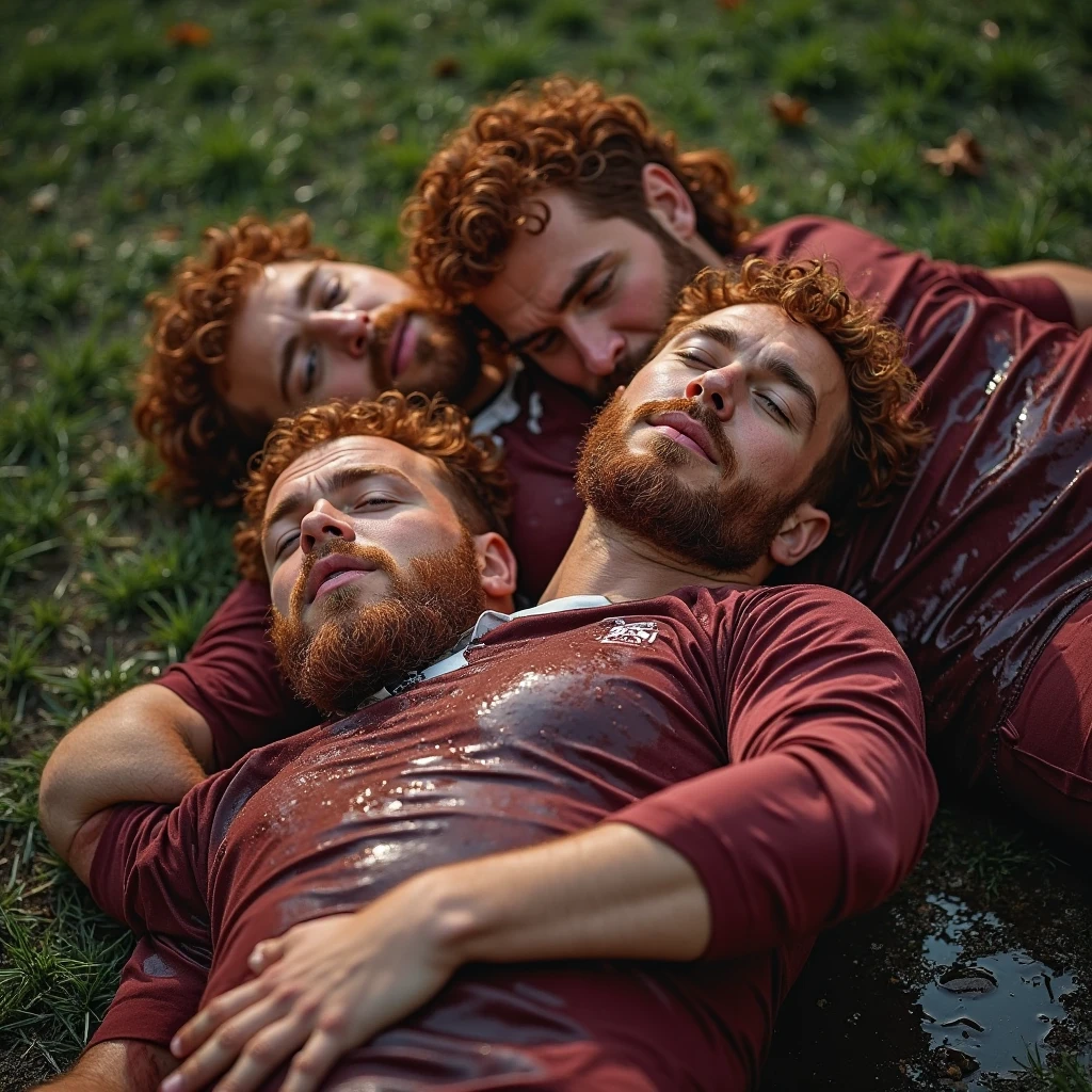Foto RAW de corpo inteiro, Large group of ginger lanky guys 19 years old wearing tiny speedos with big bulge, comparing their feet, rosto florido (parede suja no fundo), (pele altamente detalhada: 1.2), 8k UHD, DSLR, soft-lighting, alta qualidade, film granulation, Fujifilm XT3, corpo inteiro, vista do solo