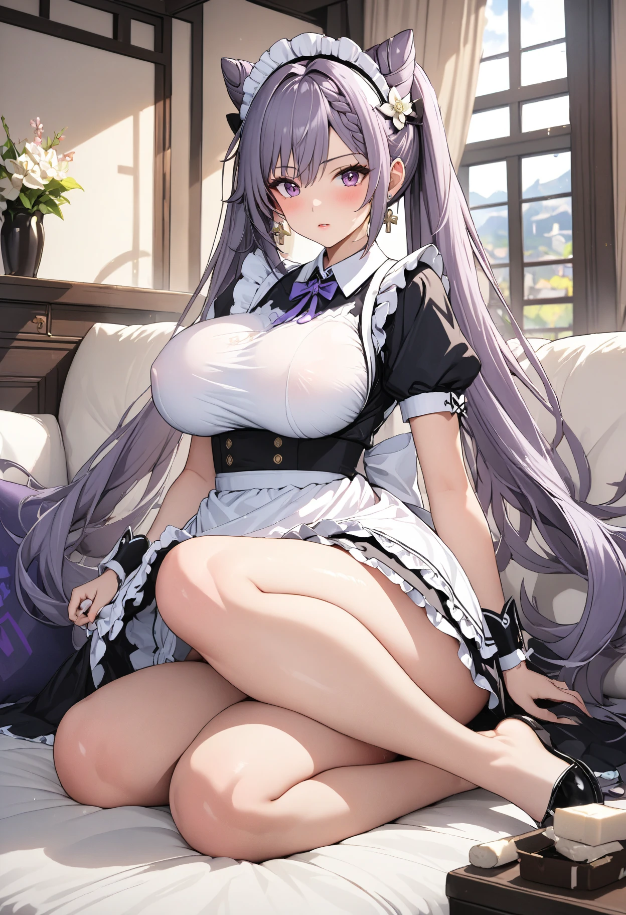 nsfw,(ass pov:1.4),(focus breasts:1.2),huge breast,(paizuri,Fellatio,unsensord,1 penis, breast concussion,looking at penis:1.3),(Rococo architecture:1.2),(Castle Bed:1.5), Dynamic angle,((1girl, Purple sheer pleated mini dress , highest resolution)), (beautiful illustration),(semi long beautiful hair),(looking at the viewer),innocent smile,cinematic lighting,white over-kneehighs,Lace chalker, Wristband,Wristband, white fingerless gloves, earrings,day,blue sky,Big Breasts,Red lipstick,