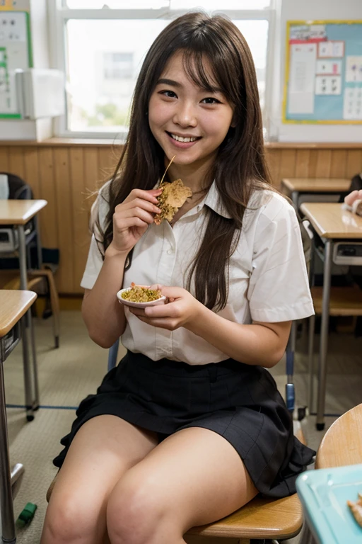 A 20-year-old woman with the cute face of an idol who looks 15 years old.。Gentle and cute。Please smile kindly。She is completely naked、Bust is larger　She is eating lunch in the middle school classroom.　Raw photo　real　genuine　real life　No copyright notice