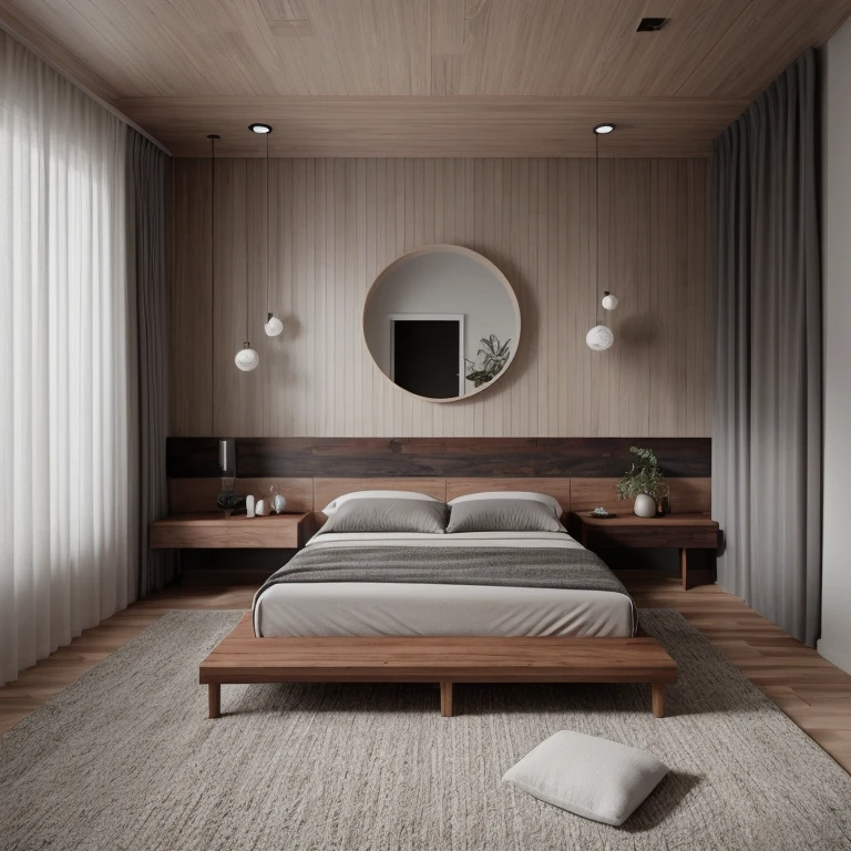"A photorealistic render of a modern minimalist luxury bedroom, designed using a sketch input. The room features a low-profile platform bed with clean lines and two pillows, a floating nightstand, full-wall paneling with two vertical mirrors and a round abstract wall decor above the bed. The right side has long, textured curtains with soft folds. The floor is covered by a large area rug. The color palette consists of deep red accents, warm brown wood finishes, and soft gray textiles. The lighting is natural and ambient, creating a warm, relaxing atmosphere. Modern architectural detailing with balanced symmetry. Realistic materials: wood, fabric, brushed metal. Clean, clutter-free, elegant."

