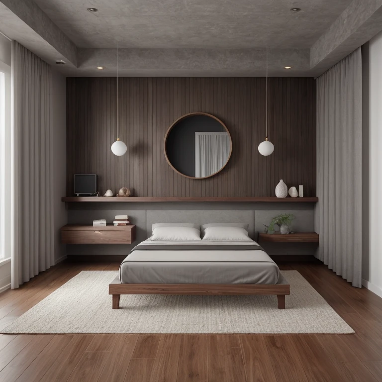 "A photorealistic render of a modern minimalist luxury bedroom, designed using a sketch input. The room features a low-profile platform bed with clean lines and two pillows, a floating nightstand, full-wall paneling with two vertical mirrors and a round abstract wall decor above the bed. The right side has long, textured curtains with soft folds. The floor is covered by a large area rug. The color palette consists of deep red accents, warm brown wood finishes, and soft gray textiles. The lighting is natural and ambient, creating a warm, relaxing atmosphere. Modern architectural detailing with balanced symmetry. Realistic materials: wood, fabric, brushed metal. Clean, clutter-free, elegant."

