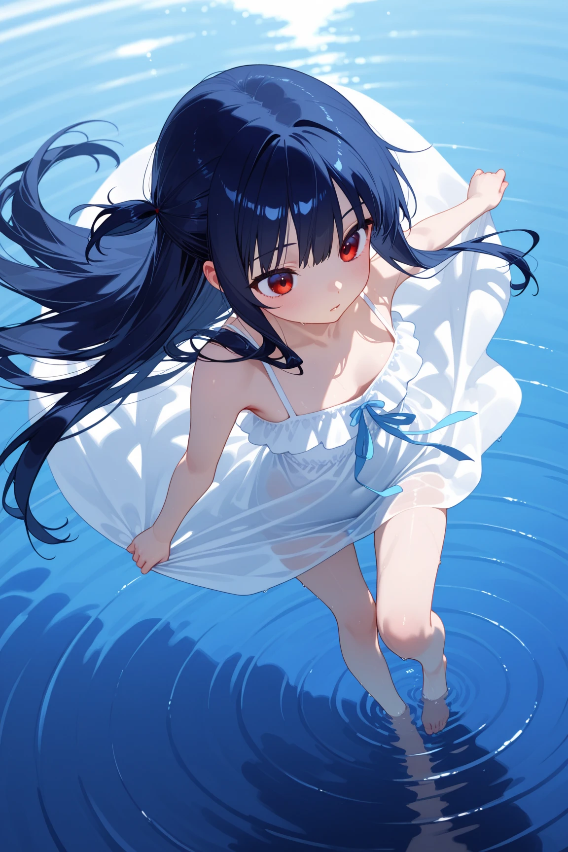 NUDE,{{{masterpiece}}}, {{{best quality}}}, {{ultra-detailed}}, {illustration}, {{an extremely delicate and beautiful}},black hair,Blue eyes,water eye,Small breasts, tits, Wet and slimy, Shiny wet skin!!, Enchanting anime girl,water eye,10 years old,one woman,steam,blush,Raise eyebrows,hime_cut,One female,upskirt