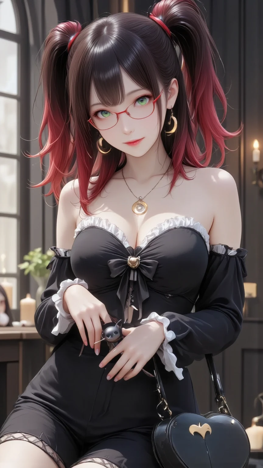 best quality, (masterpiece:1.2), detailed, medieval, fantasy,
1girl, solo, closed mouth, slight smile,
short ponytail, long hair, red hair, purple eyes, glasses,
collarbone, cleavage, black nightgown, short sleeves
sitting, on bed, looking at the viewer,
indoors, night, forest