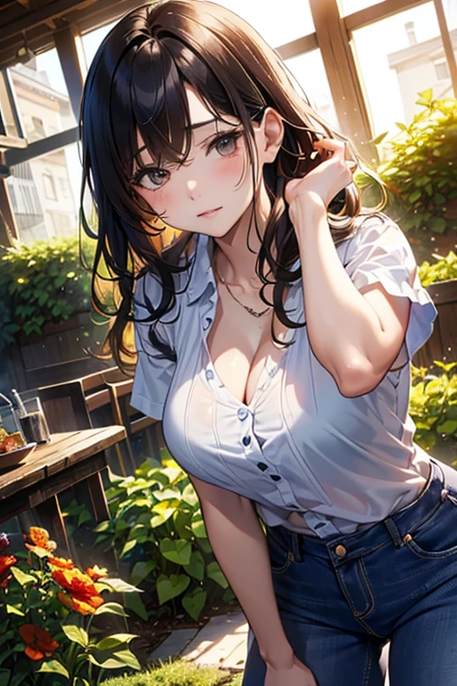 central park, green turf, blue sky, (maximum resolution: 1.2), Ultra HDTV: 1.2, cinematic light, masterpiece, highest quality, 8k resolution, masterpiece, High resolution, perfect pixel, finely, (detailed eyes and skin), perfect body, Anatomically correct, beautiful face, double eyelids, thin eyebrows, long curly hair, shinny hair, natural lip color, (glossy lips: 1.4), 25 years old lady, transparent skin, Super detailed, small breasts, thin thighs, beautiful feet, delicate, smile, short denim, sweater(extra large size: 1.1), walking with a dog,