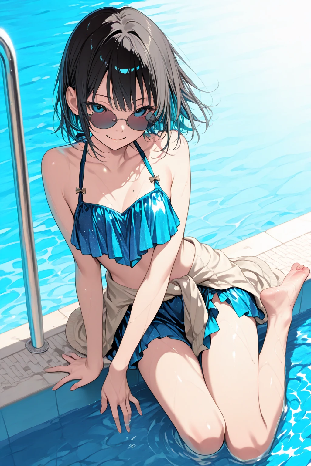 (Incredibly ridiculous absolute resolution:1.5)、Anime girl in glamorous bikini, anime moe art style, Seductive Anime Girl,Anime Loli, 8k Manga Wallpapers,((small curvy loli)), pretty anime girl,((swimming pools))、(The length of hair to the shoulders)、(short braided hair)、Beautiful anime girl, (Anime Girl), clean detailed anime art