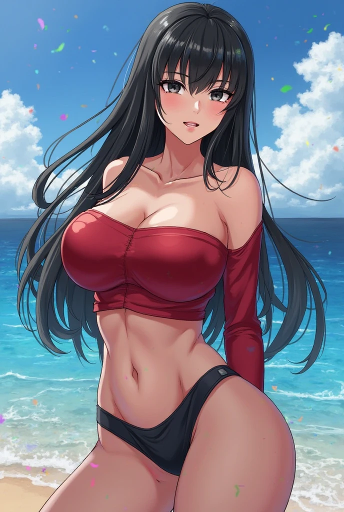 masterpiece, 1girl, Red swimsuit, sea, black hair, black eyes, big smile