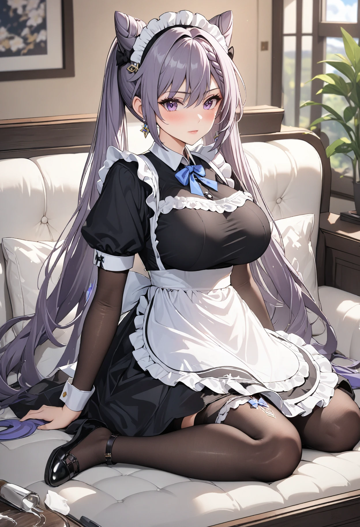 (masterpiece, top quality, best quality, official art, beautiful and aesthetic:1.2),(8k, best quality, masterpiece:1.2), (((masterpiece))),(((best quality))),(((extremely detailed))),illustration,who, (masterpiece, top quality, best quality, official art, beautiful and aesthetic:1.2),(8k, best quality, masterpiece:1.2), (Masterpiece, Best quality, best shadow), (detailed background), 1girl, One, girl, Honkai: star rail, Acheron, purple hair, long hair, shorts, one eye hidden behind hair, hair over one eye, purple eyes, (maid), black maid dress, seductive pose, large breasts, surrounded by red roses, bedroom, sitting on bed