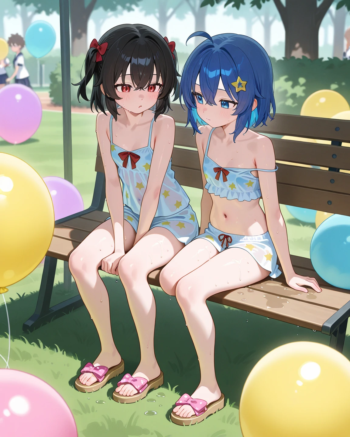 duo, score_9,score_8_superior,score_7_superior, sauce_comics, sauce_anime, 2 toddler, A girl with black hair in a ponytail and green eyes, whitening of the skin color,、A girl with long dark blue hair and brown eyes, Browsing Caution, Both of them are wearing school swimsuits, School swimming pool,toddler,Nipples