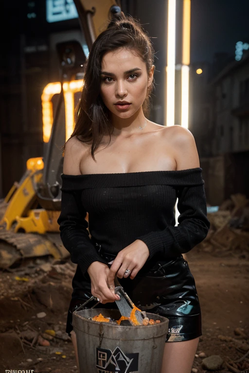 a woman, 25ear old, long brunette hairs,  textured skin, romantic smile, a lot of details, punk rock dress, grunge, ripped dress, black makeup, in a garage, musical tryout