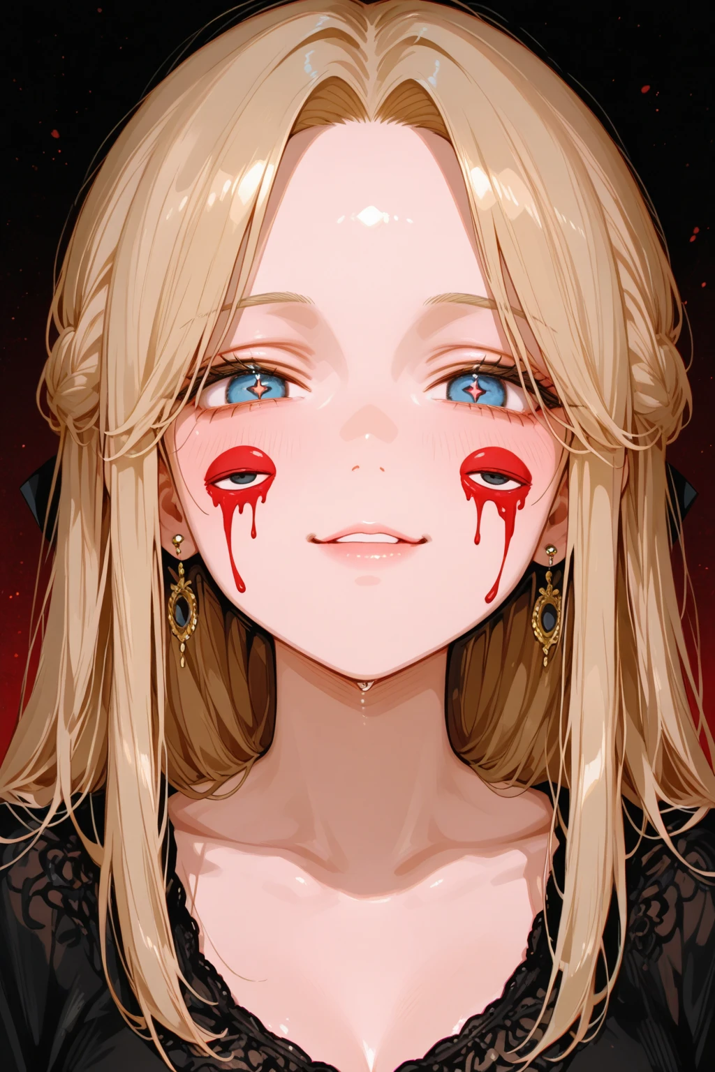 (masterpiece:1.2, Highest quality), (Actual Photos, Intricate details), (1 female, alone,whole body、Small breasts) ,Scary atmosphere、Distorted facial expressions、Blood splatter、Cuts on the face、burns on the face、whole body、Punk Fashion、Long Hair、Long Bangs、Twin tails、Black Hair、(((Dark circles under the eyes)))、Pale skin、Feeling unwell、Pathological、Wicked Smile、Crazy eyes、(Grin)Dramatic makeup,Create mixed media art、White Background