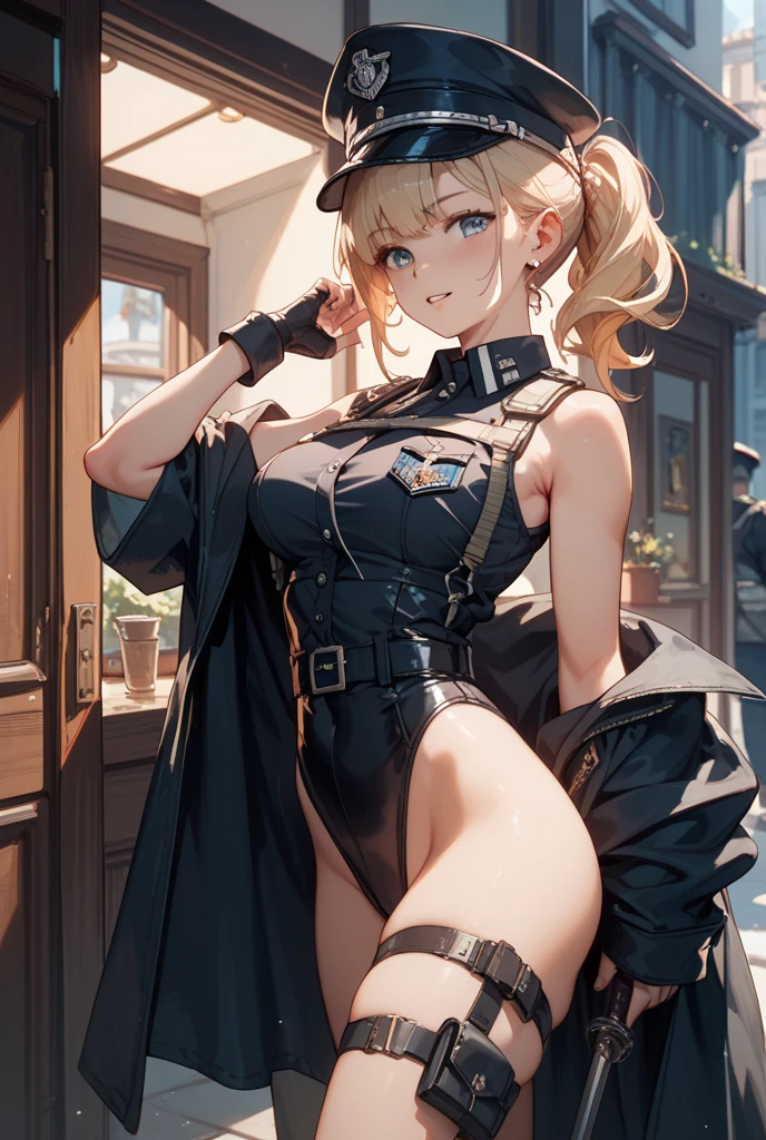 (Thynasha:1.2),dark blue hair,very long hair, purple eyes,(beautiful detailed eyes:1.0), extremely detailed face, perfect lighting, hair between eyes,bangs, (black beret, black jacket, open clothes, cleavage, midriff, black medium skirts, black thighhighs, thigh strap, fingerless gloves, single glove:1.2), Photo,sharpness,(((Beautiful woman with left leg restrained by chains))),black suspenders,Bulging big,breasts,walls: Black ,Appearance,Beautiful girl with accentuated slender abs: 1.1,six-pack abs: 1.2, Bust Botox,Standing on tiptoe, long legs,Long brown hair fluttering in the wind,Brown hair, Long hair, Female Warrior Costume,(No panties,No bra),(tacticul battle fashion,elbow and knee tacticul battle fashion, battle glove: 1.1),((cute batre costume)),The belly comes out and the navel is visible,Thin sheer costume, combat gloves,shredded costumes, long combat boots with golden knee pads,Anatomical,(futuristic sci-fi battle fashion, new elbow and knee pads, new combat boots),(tied perfectly by iron chain:1.3), Restraint, Slave, collars, contempt, (Chained), 4 chains hung from heaven, Metallic shackles and fetters, wet crotch clearly visible,((Hands are restrained above the head)), the neck is chained,Chain from left knee to heaven,Chained by rusty iron chains,((the tip is protruding, areolas protruding,The shape of the pubic harearea is clearly visible:0.9)),Sweating,Wet,Wet crotch,Wet thighs,Junkyard, Realistic, (cute, perfect clothes, skimpy clothes, cute: 1.3) ,Vast miritary base in us,((wide mirtary hospital with summer sunlight)), peeling ceilings, Rebar between, Realistic material details, Extreme details, Ultra-realistic materials,narrow waist,(with sparkling eyes and a contagious smile:0.9),looking at viewer,