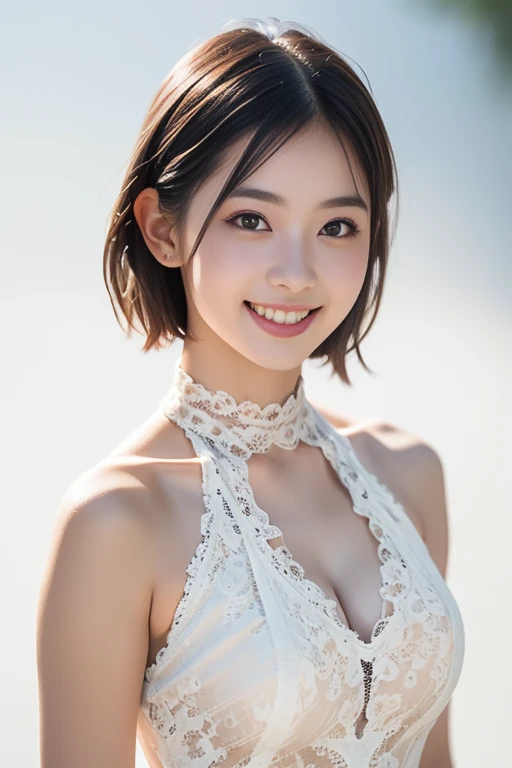 1 Girl, (Wearing colorful stage costumes:1.2), Very beautiful Japanese idol portraits, Face close-up, (RAW Photos, Highest quality), (Realistic, Realistic:1.4), (masterpiece), Very delicate and beautiful, Very detailed, 2k wallpaper, wonderful, finely, Very detailed CG Unity 8K wallpaper, Very detailed, High resolution, Soft Light, Beautiful detailed girl, Very detailed目と顔, Beautiful and sophisticated nose, Beautiful and beautiful eyes, Cinema Lighting, (Simple light color background:1.3), (short hair), (Bob), Complete Anatomy, Slender body, Small breasts, smile、In town