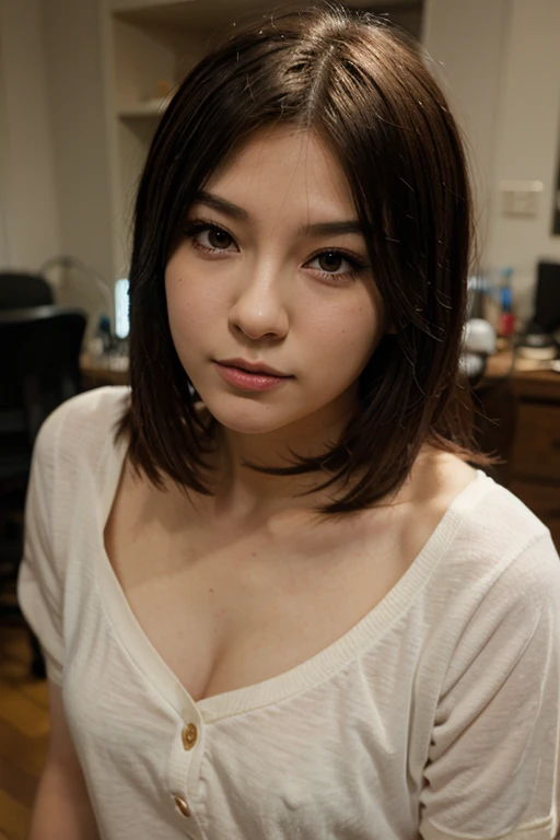(top-quality, 16K, ​masterpiece:1.3), (ultra detailed), (masterpiece), (best quality), Highest quality, Realistic, Surreal, Highest quality, Extremely detailed CG, Very delicate, 16K wallpaper, High resolution, A woman in a management position at a prestigious company, (38歳), ((Silky hair:1.2)), (beautiful short hair:1.2), BREAK ((upper body:1.5)), ((look into the viewer's eyes:1.5)), ((looking at viewer:1.5)), ((Front view:1.5)), ((from front:1.5)), BREAK cute girl, short girl, short arms, ((small eyes)), fleeting atmosphere, ((thin eyebrows:1.2)), ((thin lips:1.5)), ((orgasm:1.5)), ((???????:1.5)), ((mole under eye:1.2)), BREAK ((small breast)), (((little girl's body:1.5))), (((petite body:1.5))), pretty girl, ((UNTITLED business suit:1.2)), ((Very simple necklace)), With a large window Japanese office, ((Working at desk:1.5)), Japanese, slender body, very detailed, detailed fingers, detailed hands, detailed eyes, detailed legs, accurate and perfect human anatomy, real human skin,