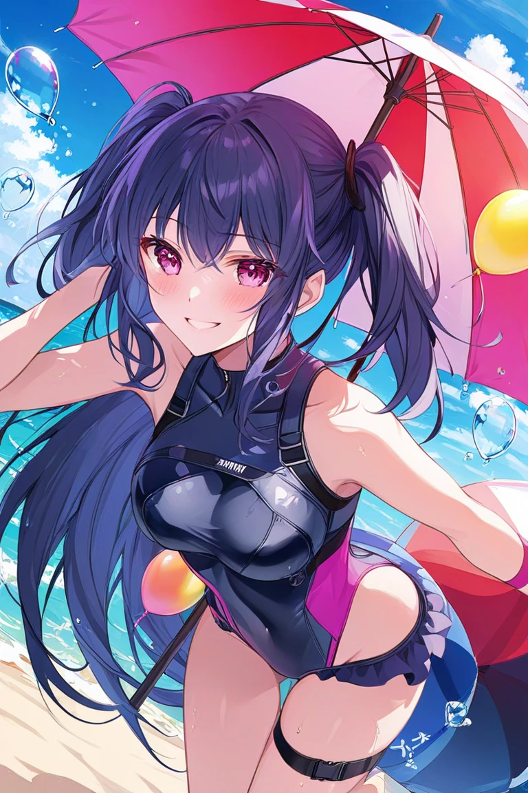 Highest quality, masterpiece, High resolution, alone, {I19_Fleet Collection:1.15}, Long Hair, Blue Hair, ribbon, ヘアーribbon, red_eye, tw private nta private ls, chest, big_chest, symbol-shaped_pup private ls, Swimsuits, 学校Swimsuits, ワンピースSwimsuits, Open_mouth, 私le, red面, star-shaped_pup private ls, star_\(symbol\), tr私_ta私ls, tooth, One girl,  alone_concentrated, heart, chestの谷間, clavicle, Sweat, teeth