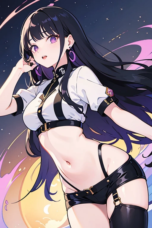 Black Hair, Sideburns, Medium Hair, Straight Hair, chest, Crescent-shaped earrings, Purple eyes, Bright Eyes, smile, One girl, smile,Textured skin, Thin legs、high school girl、