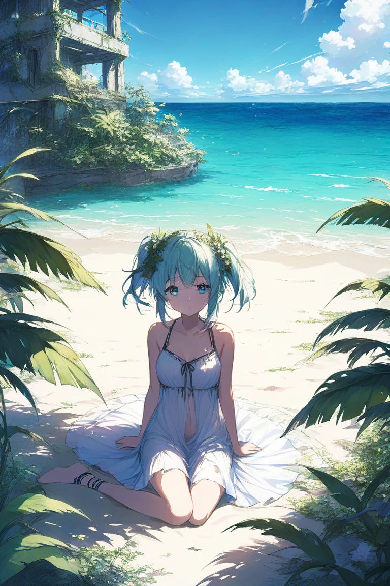 1girl, (solo:1.2), ((masterpiece)), (shadow), [slim], (small breasts), ((sharp focus)), pale skin, blurry background, ((topless)), (bare back), overlooking a forest, hill((bare nape)), bare shoulders, sitting, (cyan hair), (long skirts), arm bracelets, long hair, faruzandef
