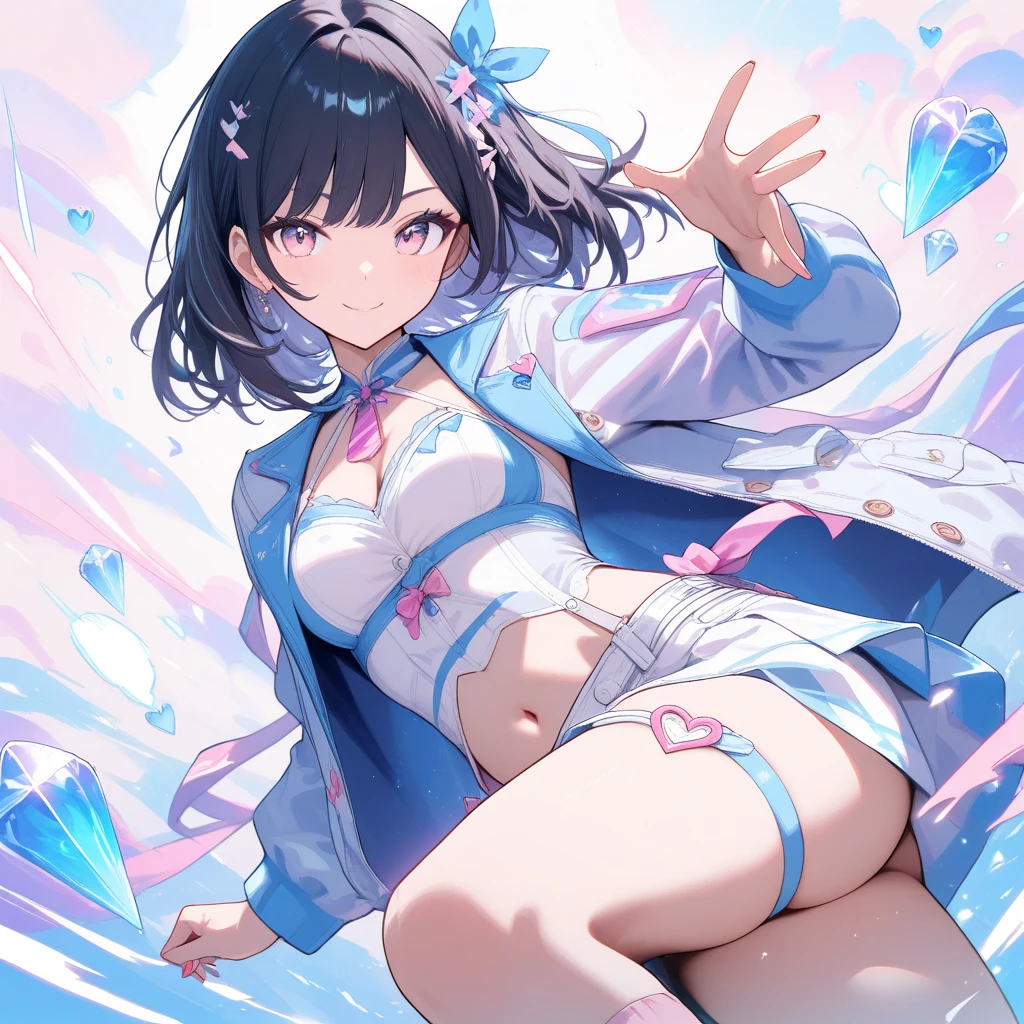 super girl elementary school student, masterpiece, highest quality, abstract, psychedelic, neon, (honeycomb pattern), (creative:1.3), fantasy 00d、 black hair、bob cut with trimmed ends、flat chest、lolicon、belly button、High-leg style、white cloak with pink pattern、pointed nipples、white panties、(((squat)))、transparent clothes、A lot of pink hearts pop out from the crotch..、Underwear that has dug in、((Love juice splashes from the crotch))、Open your、take off、Mouth wide open and drool、surprised eyes、white beret、lean back、10 years old