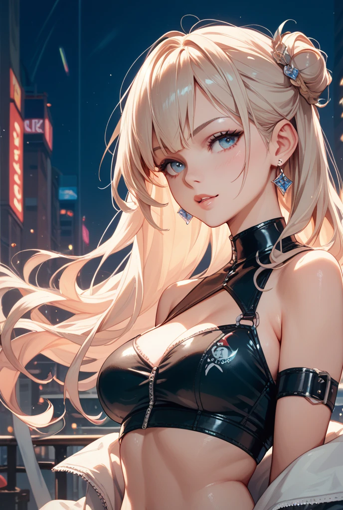 woman,gigantic cleavage breasts,Black gel coat,Sunglasses on the head