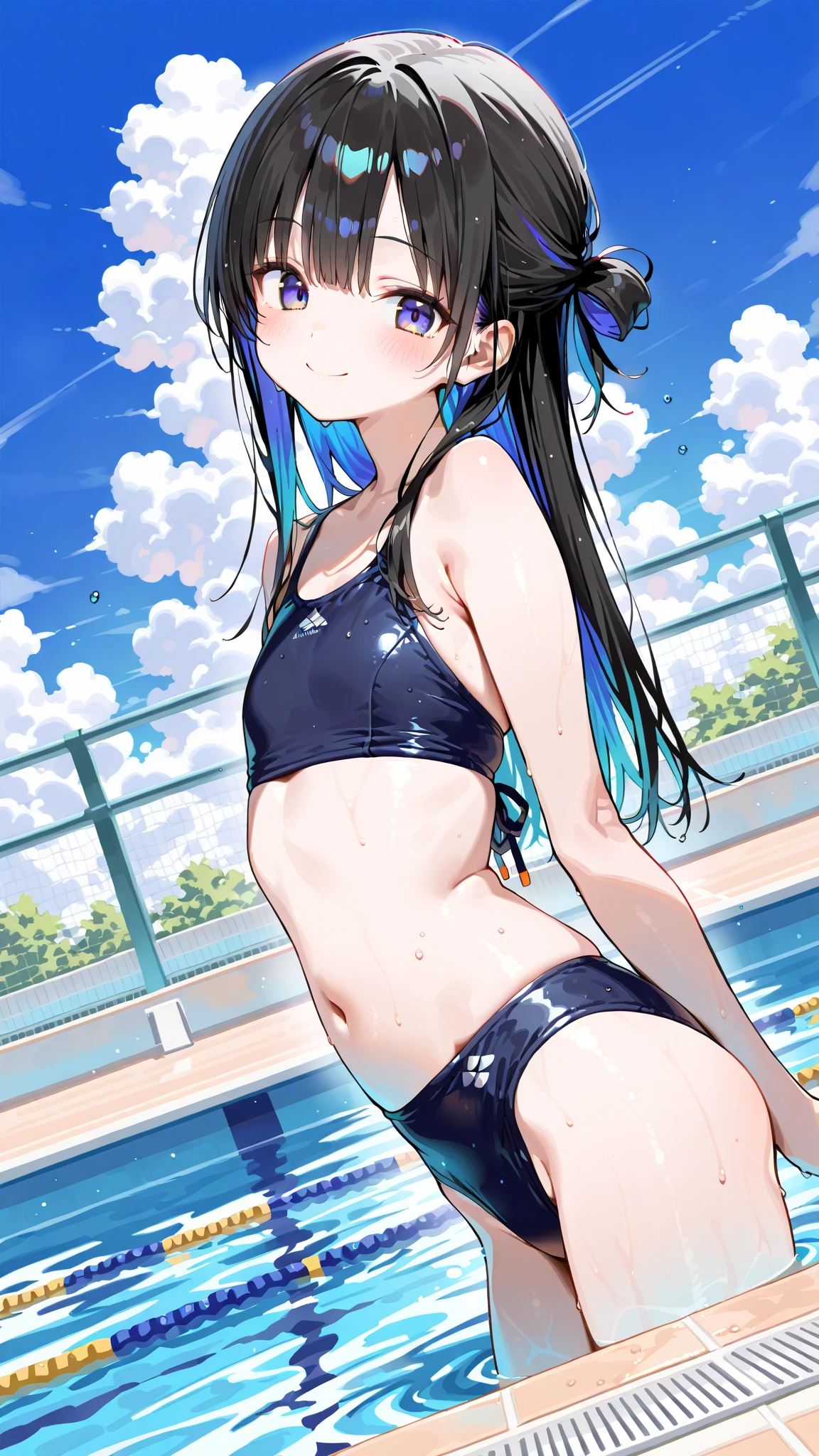 a cool girl in a masculine swimsuit, beach, tomboy, masculine girl