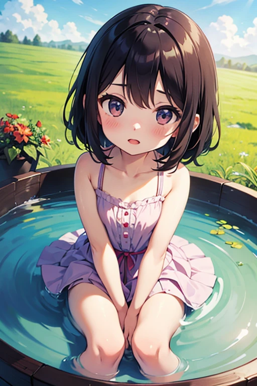 Natural hot springs,An open-air bath filled with lots of steam,(A large rock bath surrounded by rocks), A girl is up to her neck in large, deep wate, Hair tied with rubber band, (child: 1 person) 1 (child: 3 years old半), Round face, (child: One and a half years old), (Baby Face: One and a half years old)), Great atmosphere, Black Hair,Tie short hair on head (Surface Effects, Color Effects)