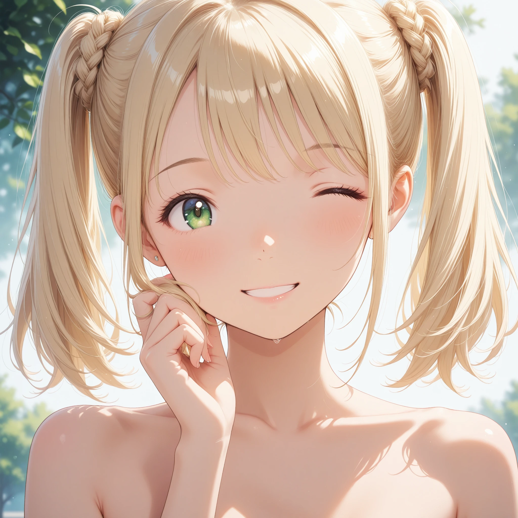 ((best quality)), ((masterpiece)), (detailed), perfect face. Asian girl. Blonde. Twintail. Black ribbon. Green eyes. Topless. Small breast. Smile.