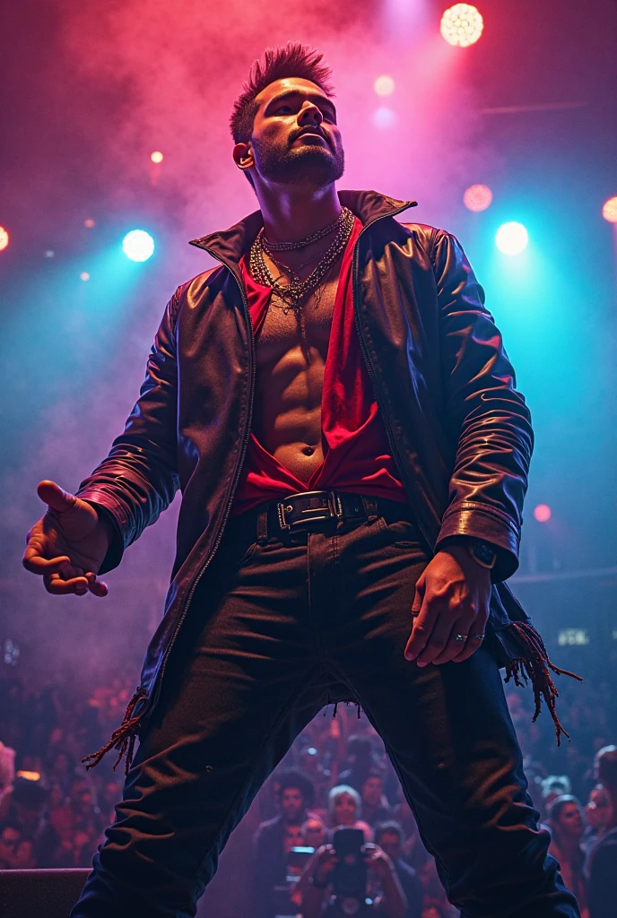 muscular Vin Diesel,shirtless,holding sparklers,party scene,night time,colorful lighting,dynamic pose,crowd in background,neon lights,confetti,disco ball,upbeat music,high energy