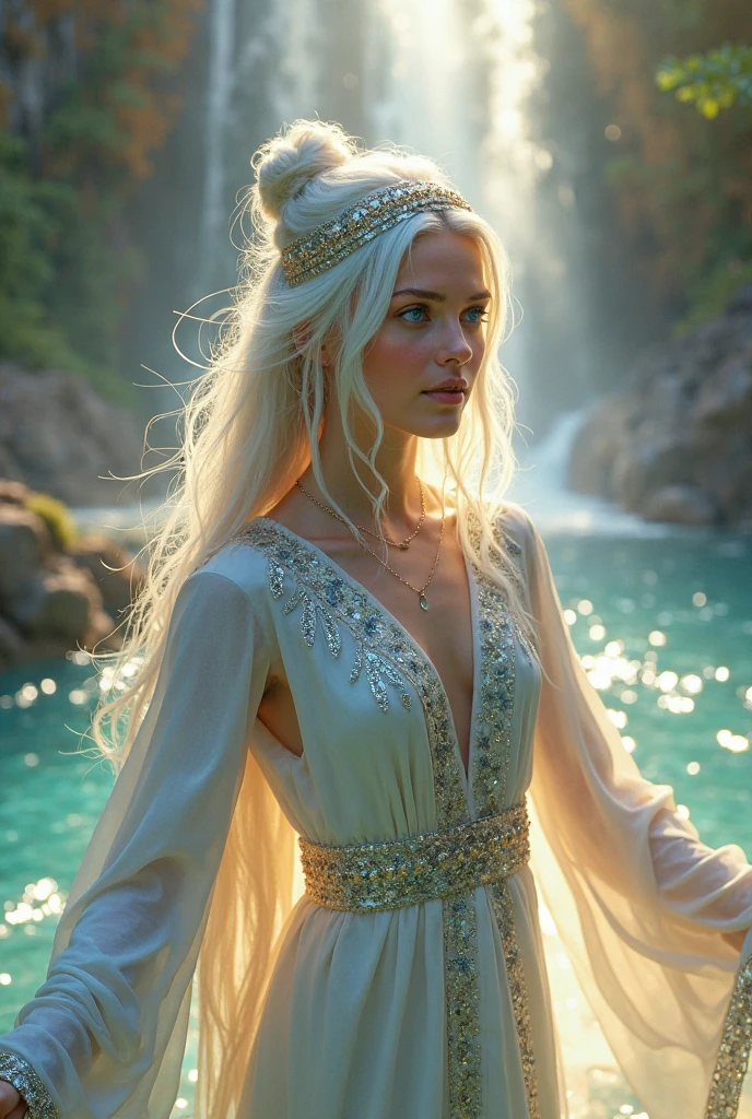 beautiful ancient Greek goddess of love,crystal-clear marble water,lake,bathing,small waterfall,embrace,kissing,another goddess,shimmering golden hair,sparkling blue eyes,perfectly sculpted features,goddess-like radiance,elegant flowing dress,soft and gentle touch,dreamy and ethereal atmosphere,breathtaking beauty,magical aura,subtle and delicate details,harmonious and graceful movements,serene and peaceful surroundings,blissful expressions,golden sunlight streaming through the trees,gentle breeze caressing their skin,romantic and enchanting scene,divine love and affection,embodying beauty and gracefulness,every detail exuding elegance and sophistication,pure and celestial atmosphere,luminous and captivating presence,celestial beings in human form. (best quality,highres),(photorealistic:1.37),(landscape),(vivid colors),(soft lighting)