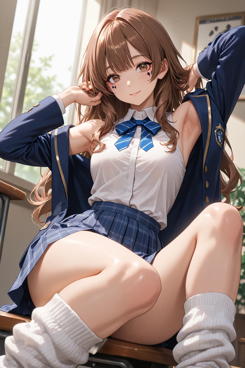 ((masterpiece, highest quality, High resolution, 超High resolution, pixel perfect, Depth of written boundary, 4k, RTX, human development report))), 1 girl, single, alone, beauty、see the whole body、 ((long hair, Short Liuhai, reddish brown hair)), ((blue eyes, beautiful eyelashes, realistic eyes)), ((detailed face, blush:1.2)), ((smooth texture:0.75, lively质感:0.65, lively:1.1, Anime CG style)), medium breasts, perfect body, smile, attractive way to sit, Brewing tea in a teapot, (The wind blows my hair,bare shoulders、expose her breasts) , It snows heavily at night、(((show panties:1.3)))、M-shaped spread legs:1.4 Finest, masterpiece, High resolution, (Full body diagram from head to toe), front, frontやや下からの構図, symmetry, 18 year old tall girl, alone, (whole body from head to toe), (small breasts), Unkempt brown hair,(White luxury lingerie), (sit with legs spread), (squatting pose), (Composition showing white panties), (her legs spread、I can see white pants.), (I was made to sit on the floor with my legs apart..)
, thin legs, A very beautiful and tall 18 year old girl, (not wearing shoes), blush, shy big eyes, looking at camera, (((blazer uniform, plaid pleated skirt)))、((Vulgarity)),