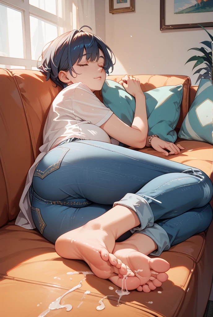 Cute teenage boy, briefs, he is barefoot, He's lying on the bed, naked, nude top, boruto uzumaki, boy chest, ass