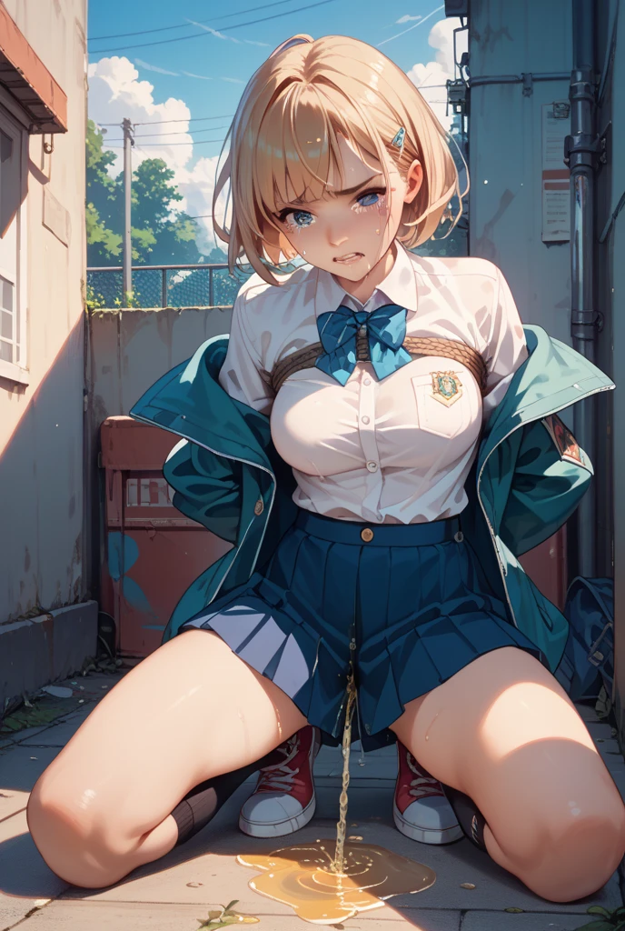 ((wide shot: 1.6)), Unreal Engine: 1.4, CG K ultra-realistic, photorealistic: 1.4, perfectly detailed skin texture: 1.4, ((artwork 1 young woman full body full: 1.5)), ((blonde hair, green eyes, full body lips and a sensual smile:1.5)), punk style hairstyle with shaved side:1.3, tattoos, Gatling gun, box, looking at viewer, pose dynamic and sensual, beating, ammunition belt, gloves, big breasts, shooting, Extremely detailed: 1.4, more detailed, optical mix, fun patterns, animated texture, unique visual effect, pink leather miniskirt:1.3, pink jacket:1.3, masterpiece, in the background an abandoned place with junk, ((colors, cyan, green, pink, brown: 1.2 )), ((8k realistic digital art)), 32k