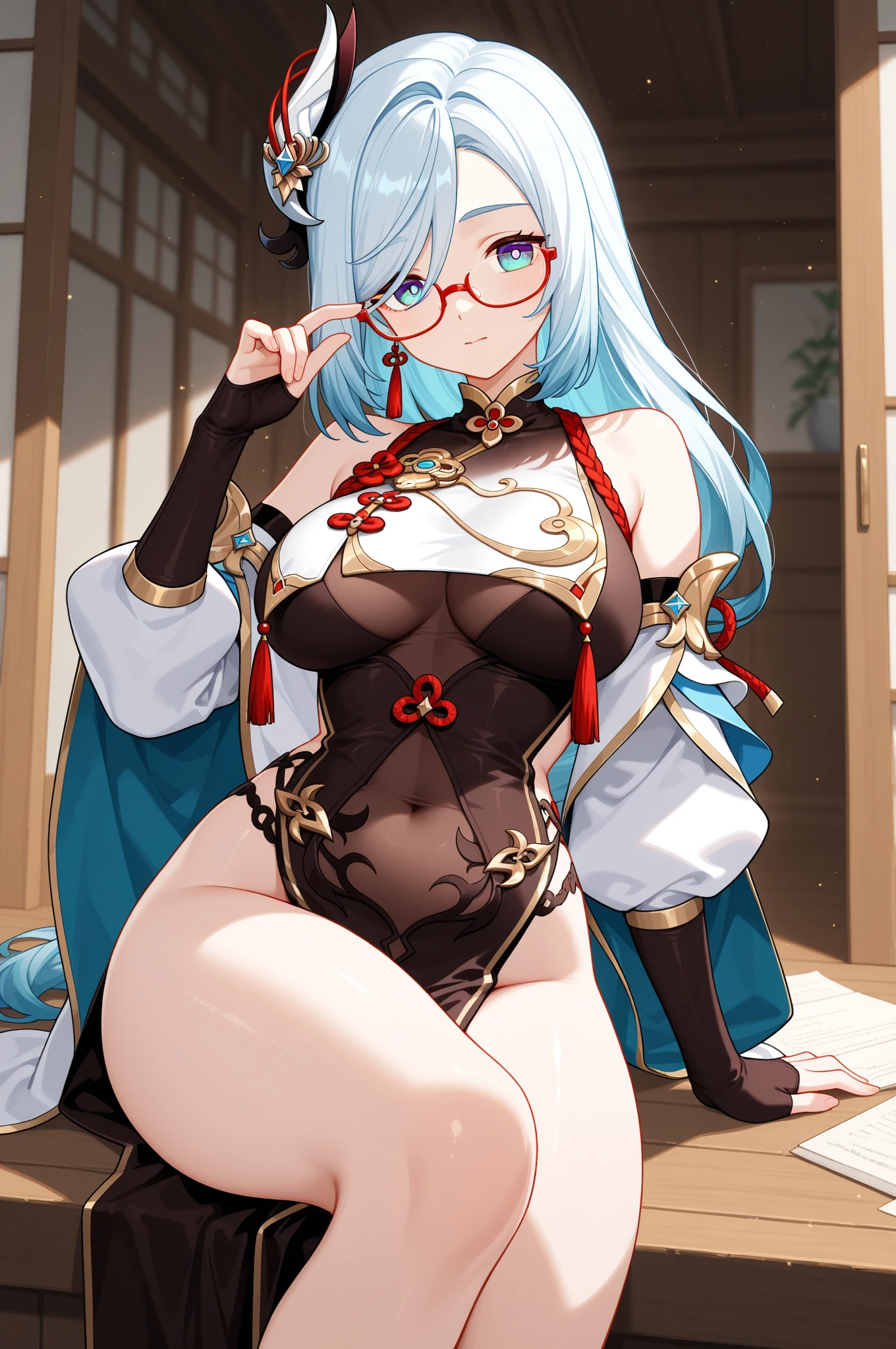 21-year-old half-slut girl with dark blue hair, fox ears, white skin, red glasses, sexy pose, blue black kimono, blue kimono with red edges and yellow cloth belt, big tits, a fox mask at the waist, blue eyes,
