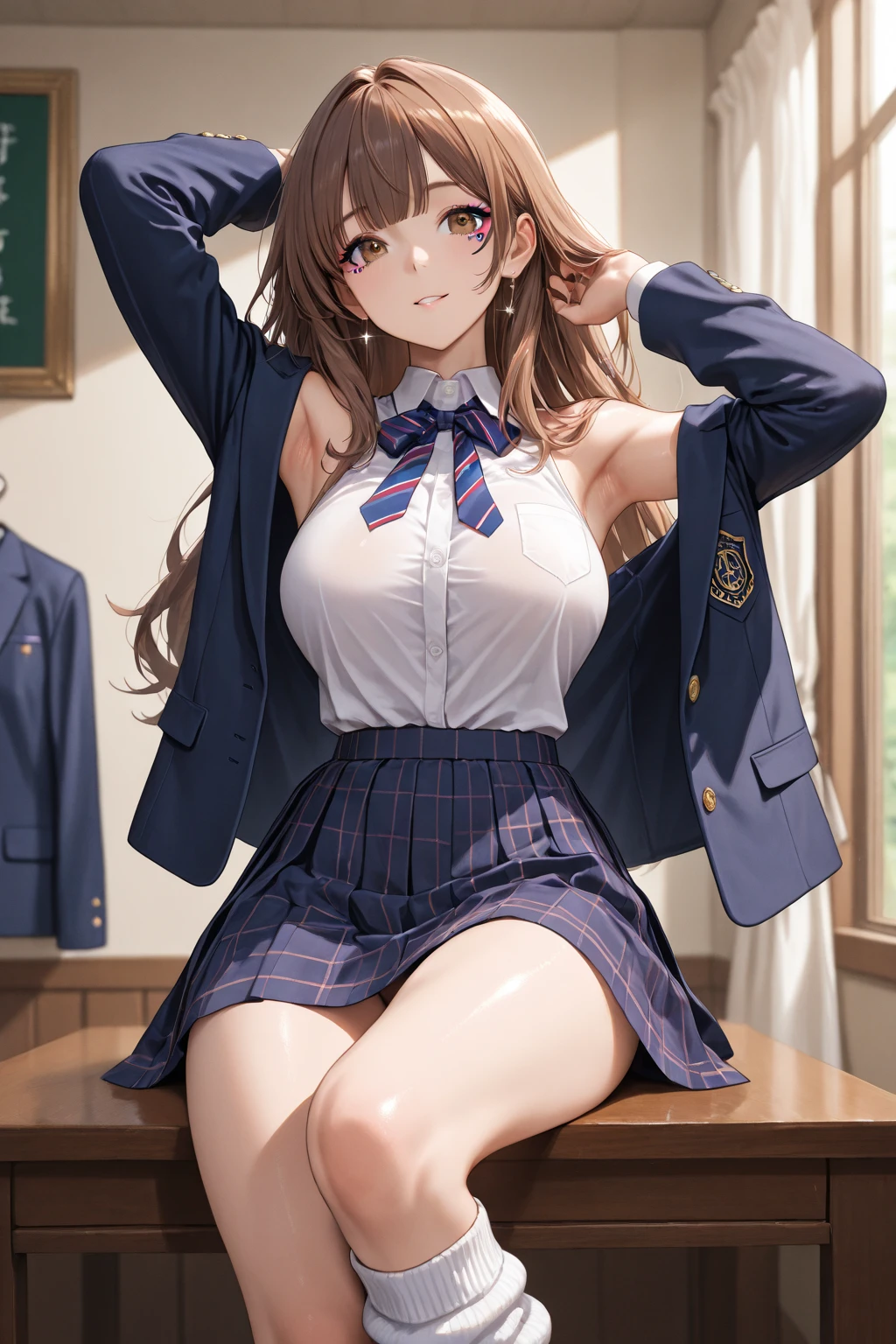 Minami Kotori、Minami Kotori、Brown hair、(Brown Eye Degree:1.5)、One side up、Hair Ribbon、bow ribbon、long、Break the blazer、a blue skirt、jaket、Otonokizaka Uniform、pleatedskirt、student clothes、Winter clothes、Looking for a break viewer、Indoor break、‎Classroom、BREAK (​masterpiece:1.2)、top-quality、hight resolution、unity 8k wall paper、(illustratio:0.8)、(beatiful detailed eyes:1.6)、extra detailed face、Perfect litthing、Highly detailed CG、 (perfect hand、perfect anatomia)、A smile、Naughty big、large full breasts、,(Skirt lift:1.3), (white  panties:1.3)、(Skirt that rolls up:1.3)、(Fully exposed panties:1.5),(is standing:1.3)、