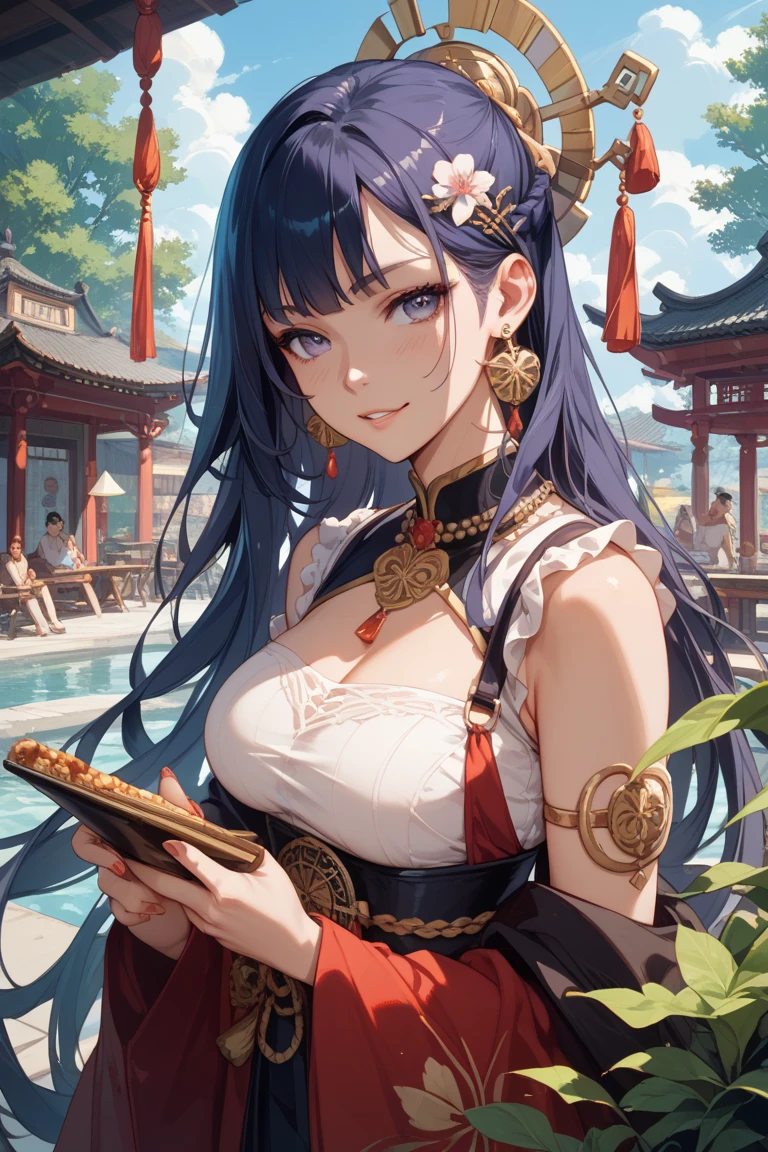 Adult woman, navy blue hair, The ends of gray hair, hairlong, beautiful hairstyle, hair ornament, white eyes, Chinese Clothing, Ornaments, Rings, Heels, Ancient Chinese themes, looking a viewer, Happy smile, overhead view, Lies on the money, gold coins, A mountain of money, Fantasy art, Beautiful painting of characters, Works of art in the style of Guvaika, epic exquisite character art, stunning character art, Beautiful Killer Woman, perspective, overhead view(reference sheet:1.5)