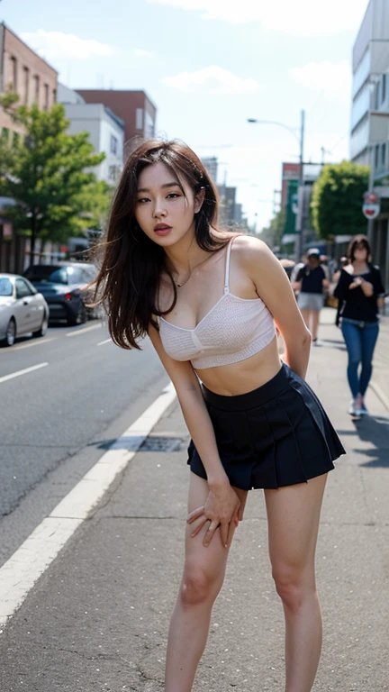 the Extremely Detailed CG Unity 8K Wallpapers、top-quality、ultra-detailliert、​masterpiece、realisitic、Photo Real、extremely detailed cute girl、20yr old、(skirt rift)、((skirt lift by yourself))、Black panties、panties focus、red blush、cparted lips、looking at the viewers、Semi-body shot、Wearing a ruffled shirt、(Large crowds)、(Crowded city)、bluntbangs、University、校服、Bobby Socks、pleatedskirt、legs wide open