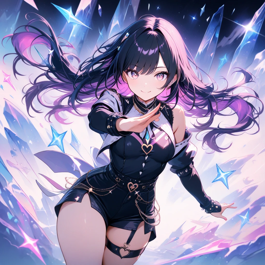 Highest quality、Highest quality、Masterpiece、girl((20-year-old、as soon as、Highest Bust、Medium Bust、Wide open chest、Red glowing eyes、Black Ear、Red Mesh、Disheveled Hair、Loincloth、thin、The best valley、Open chest、hair ornaments、Full body view、Black Universe Suit、Black Skirt、Random Pause、smile、headphone、Chain Accessories、necklace))、high quality、Beautiful Art、background((Collapsing Ground、no gravity、Floating Object、shooting star、universe、comet))、Depth((Earth))、flight、Flying Debris、Depth of text、movie、Visual Arts、Perfect Art、8K、Genuine、Special Angles