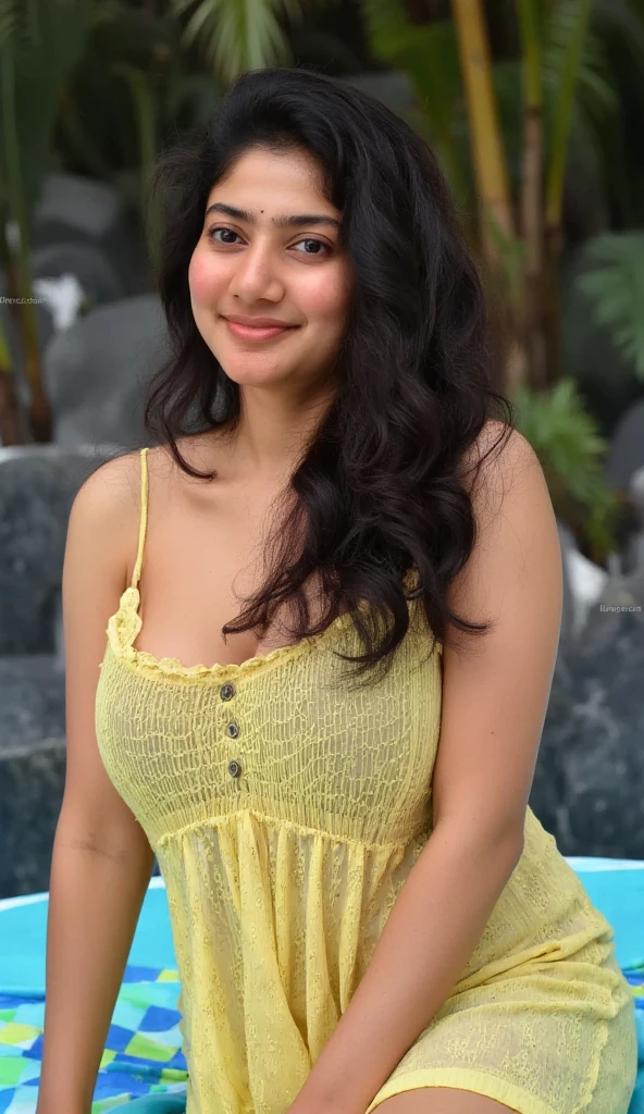 1 mexican girl, 25 years old, Long Wavy black Hair, dark brown eyes, teen, nude, cleavage, smiling, wear yellow green hot swimsuit on the beach sand