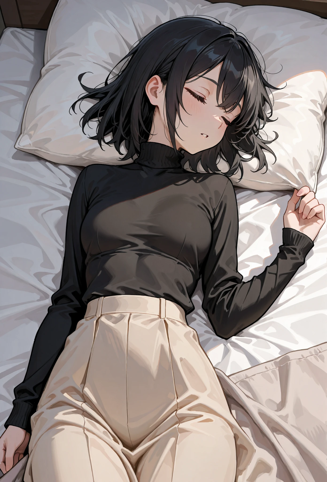 best god quality, Ultra-detailed, perfect ???????, (Draw a girl laying in a hotel bed), (lights are off), dark room, room is dark, 1girl, is a soft beautiful tan girl, wearing black pajama shorts, dark skin girl, tan line skin, (dark skin*2), (black + short wavy hair*1.2), Full limbs, complete fingers, groin, Beautiful gold eyes, yellow eyes, well-proportioned tan girl, smug eyes, dark pajama shirt, dark pajama bottoms, in a dark hotel room, High resolution, Best lighting by professional AI, hotel room, lights are off, looking at viewer, (((One girl in middle))), (((SOLO))), (they are laying down in bed) ((bed sheets over body))
