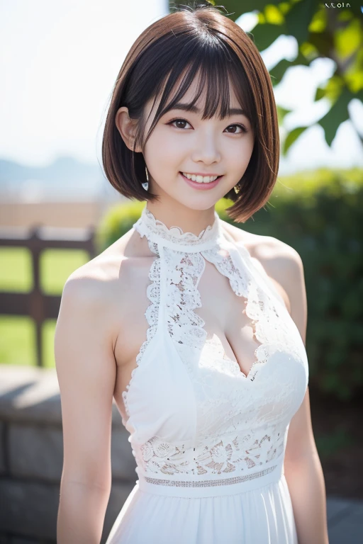 (((masterpiece))), (Two Japan Beautiful Girls, couple focus, classmates, Pure and innocent,kawaii) ,超A high resolution, Realistic, ultra-detailliert, 8K,top-quality, Extremely detailed, Detailed background,A slender,very beautiful japanese girl, Detailed face:1.3), (Boyish short-haired,A dark-haired :1.4), (a baby face,kawaii系,adolable), (Perfect body:1.1), White Dress, Show your beautiful teeth,Bursting smile, beautiful off shoulder clavicle、Scrunchie,Super Detailed Face、Detailed lips、A detailed eye、small gravure idol,Transparent skin