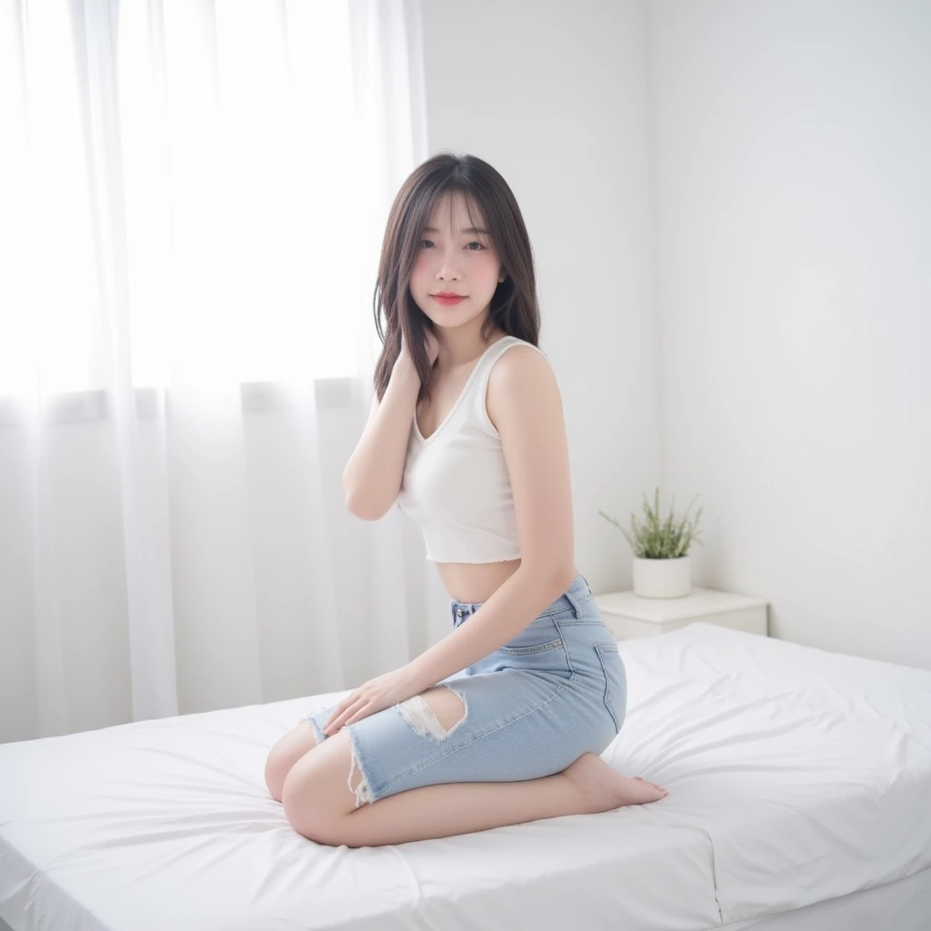 (from above:2) , detailed , master piece , best quality , woman , t-shirt , short denim , bed