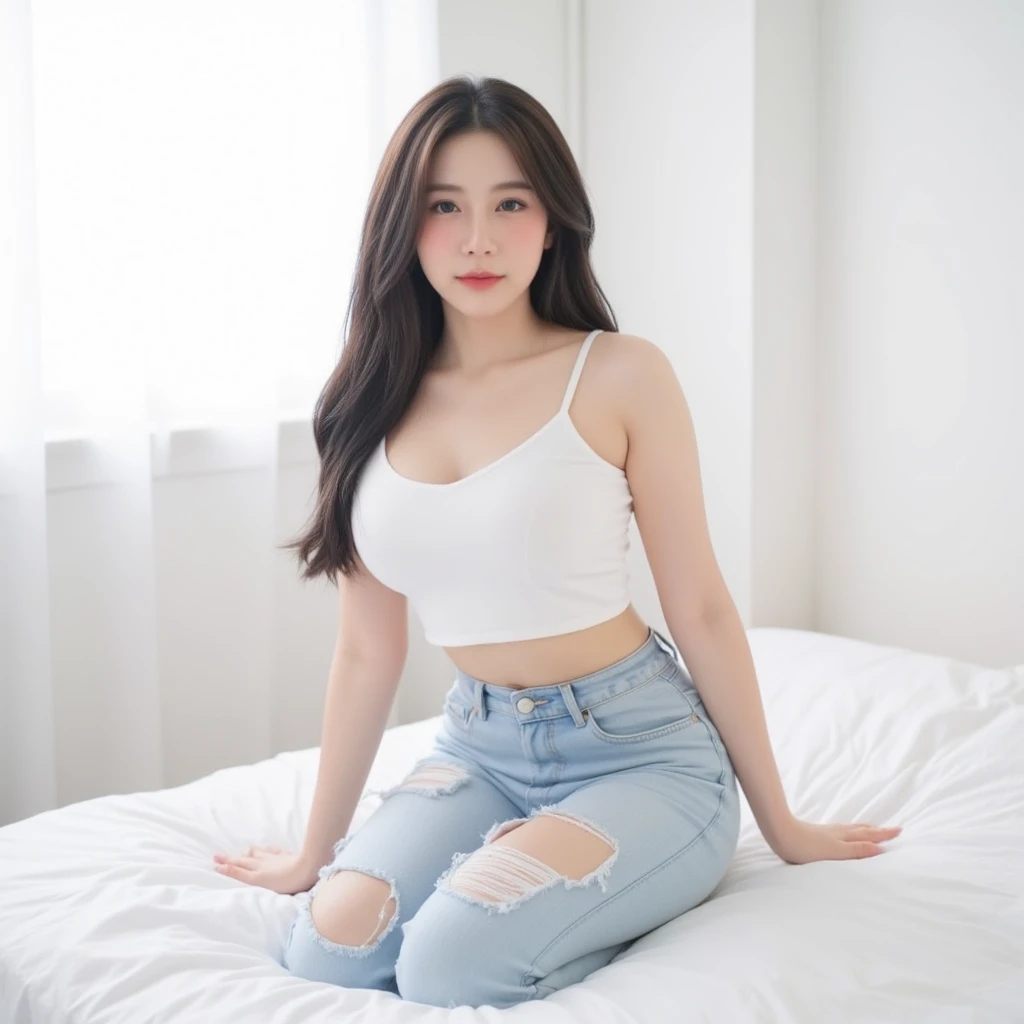 realisticlying, A high resolution, Kizi, whaite hair, Korea, blue color eyes, Small moles under the eyes, Loose white shirt, sweat shorts,Big house, thick thight, legs crossed, sitted,pale-skinned,Melancholy eyes,huge tit,nakeness