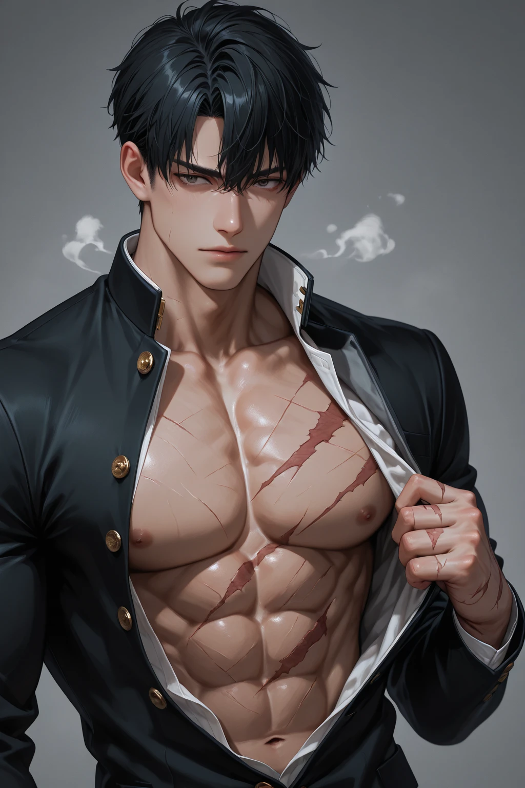 8K, complex, elegant, Highly detailed, majestic, digital photography, surreal painting, defeat magic, Sinuous Lightning, (masterpiece, Side light, fine and beautiful eyes: 1.2), HDR, (bright blue eyes)), Naked upper body, (bright tattoo), handsome boy, cana, musculature, black skin, demon horn, Raining, handsome, in front of camera, masterpiece